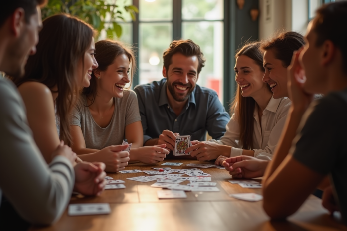 Groupe d'amis jouant aux cartes françaises en journée
