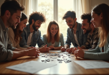 Groupe d'amis résolvant un puzzle autour d'une table lumineuse