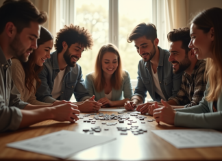 Les dix meilleurs jeux d’énigmes qui défient l’esprit Groupe d'amis résolvant un puzzle autour d'une table lumineuse