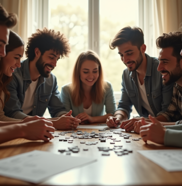 Groupe d'amis résolvant un puzzle autour d'une table lumineuse