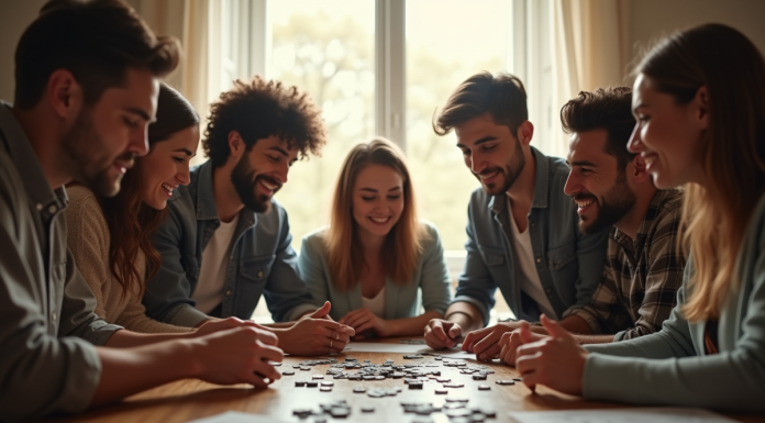 Groupe d'amis résolvant un puzzle autour d'une table lumineuse