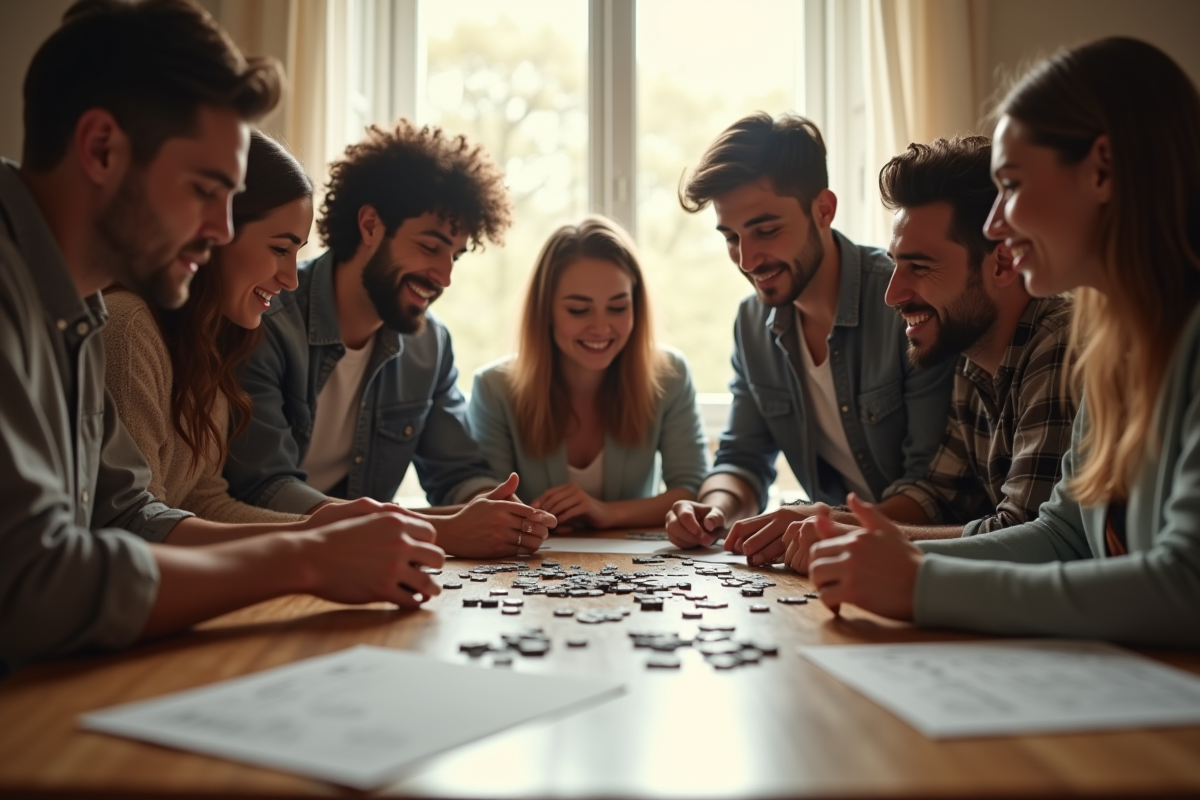 Groupe d'amis résolvant un puzzle autour d'une table lumineuse