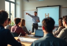 Groupe de jeunes en atelier en classe moderne avec tableau digital