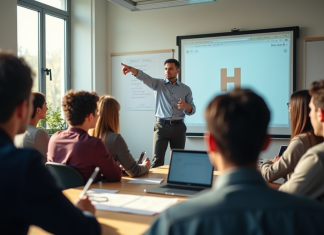 Groupe de jeunes en atelier en classe moderne avec tableau digital