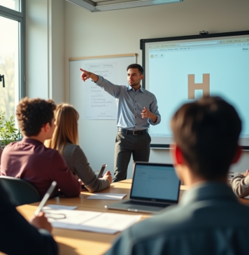 Groupe de jeunes en atelier en classe moderne avec tableau digital