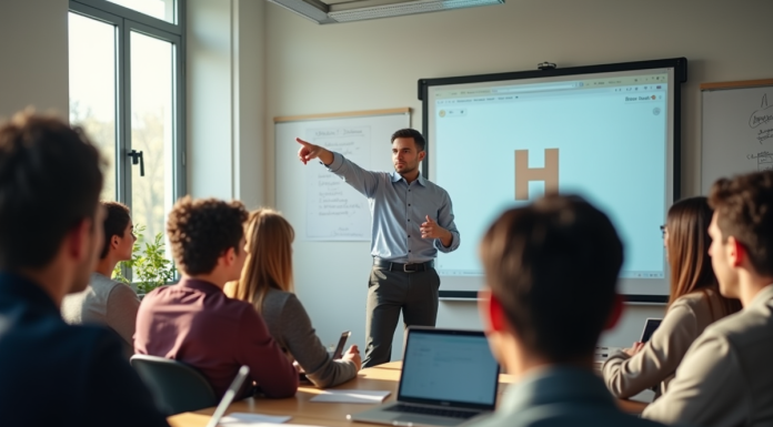 Groupe de jeunes en atelier en classe moderne avec tableau digital