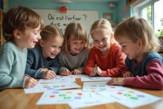 Enfants d'école primaire examinant des fiches d'erreur