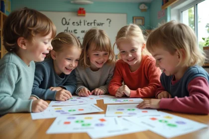 Enfants d'&eacute;cole primaire examinant des fiches d'erreur
