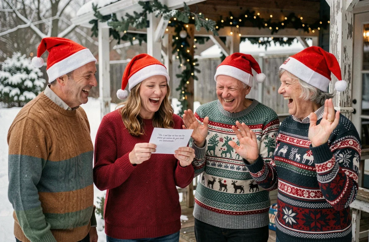 Groupe d'adultes d'une famille recomposée en pulls de Noël rigolos dans un jardin enneigé, partageant une citation humoristique des fêtes