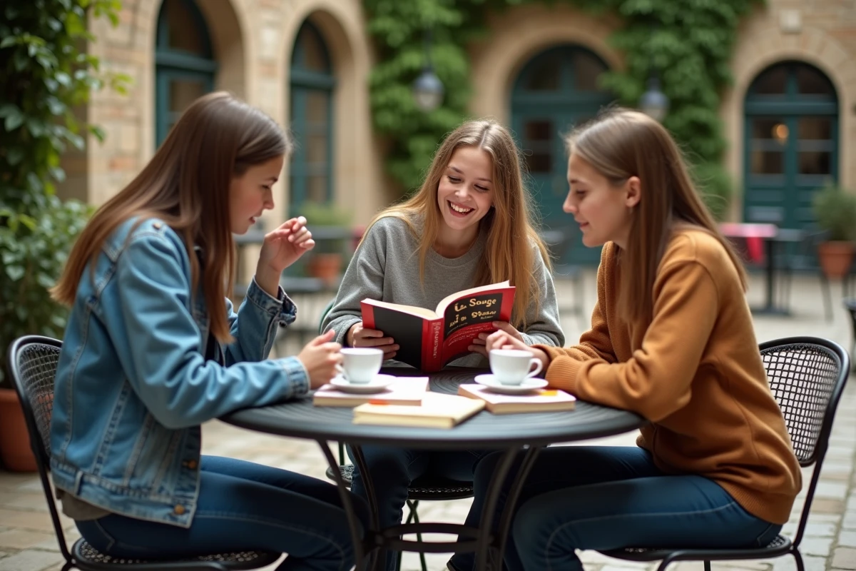 Groupe de lycéens discutant du Rouge et le Noir de Stendhal autour d'une table dans une cour d'école
