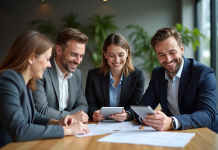 Renforcer partenariat : astuces efficaces pour réussir ensemble Groupe de quatre adultes collaborant dans un bureau moderne