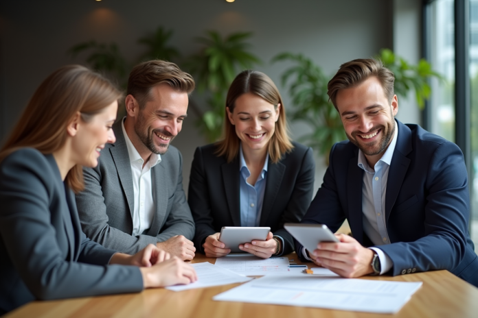 Groupe de quatre adultes collaborant dans un bureau moderne