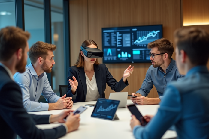 Groupe de jeunes adultes en réunion hightech moderne