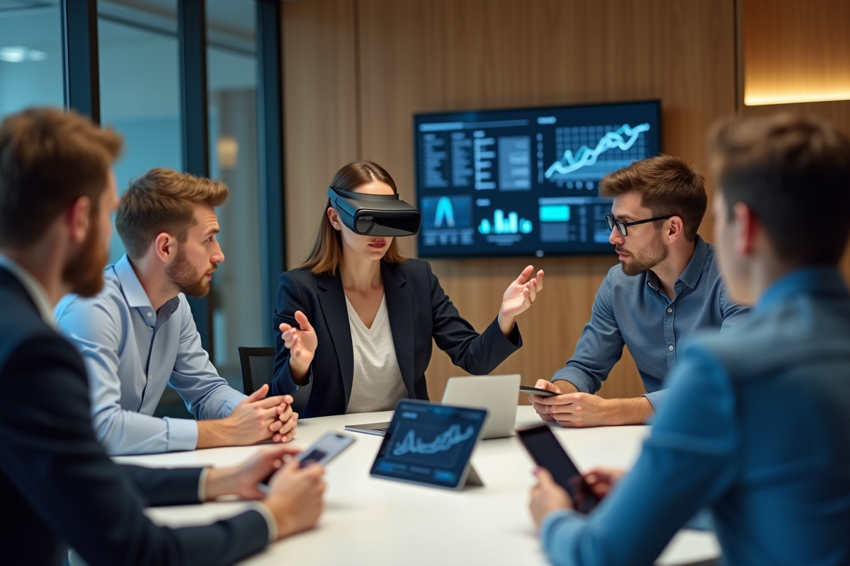 Groupe de jeunes adultes en réunion hightech moderne