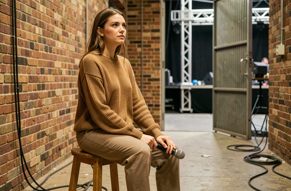 Chanteuse révélée par Fun Radio en coulisses d'une salle de concert tenant un microphone