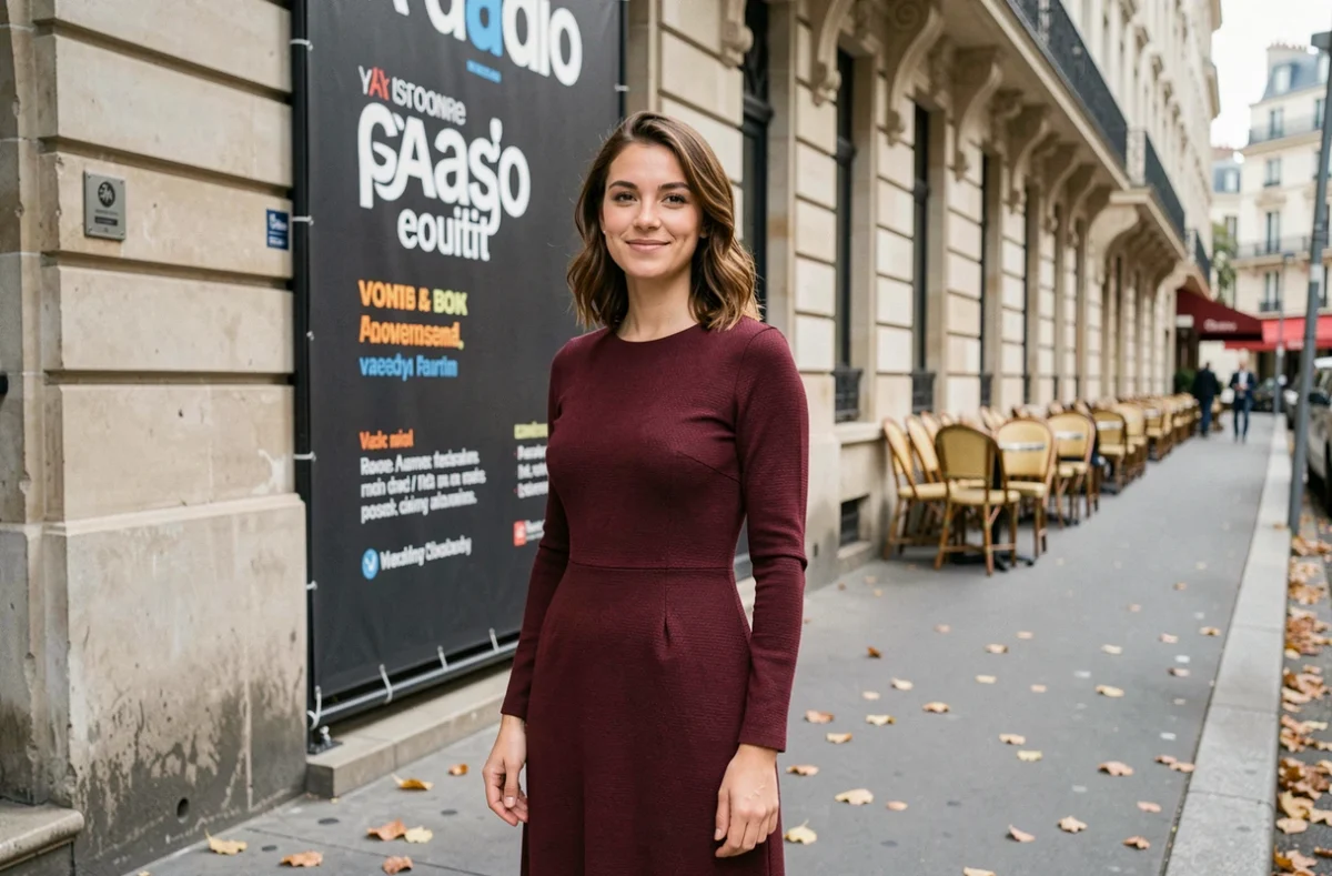 Guilloton Christina en extérieur devant un événement Fun Radio dans une rue parisienne en automne