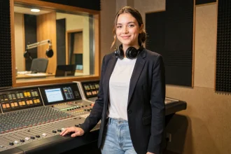 Jeune femme chanteuse devant une console de radio professionnelle dans un studio de diffusion moderne
