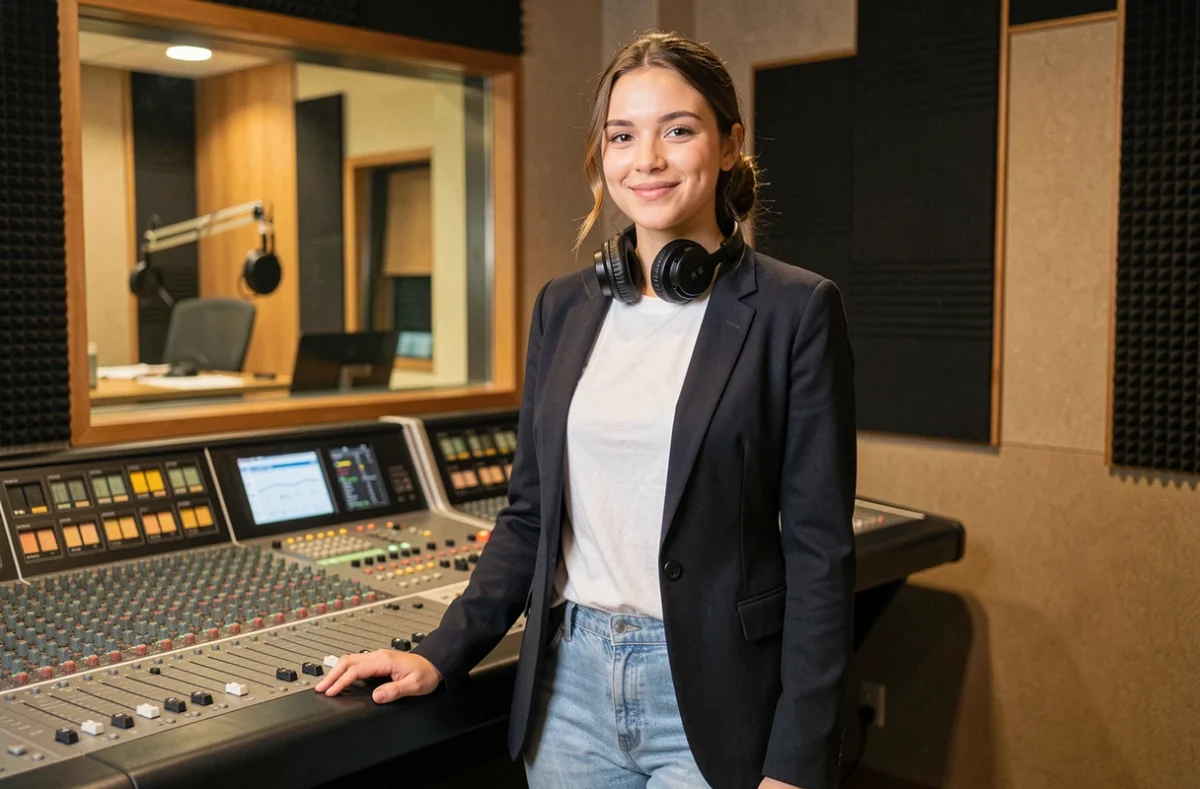 Jeune femme chanteuse devant une console de radio professionnelle dans un studio de diffusion moderne