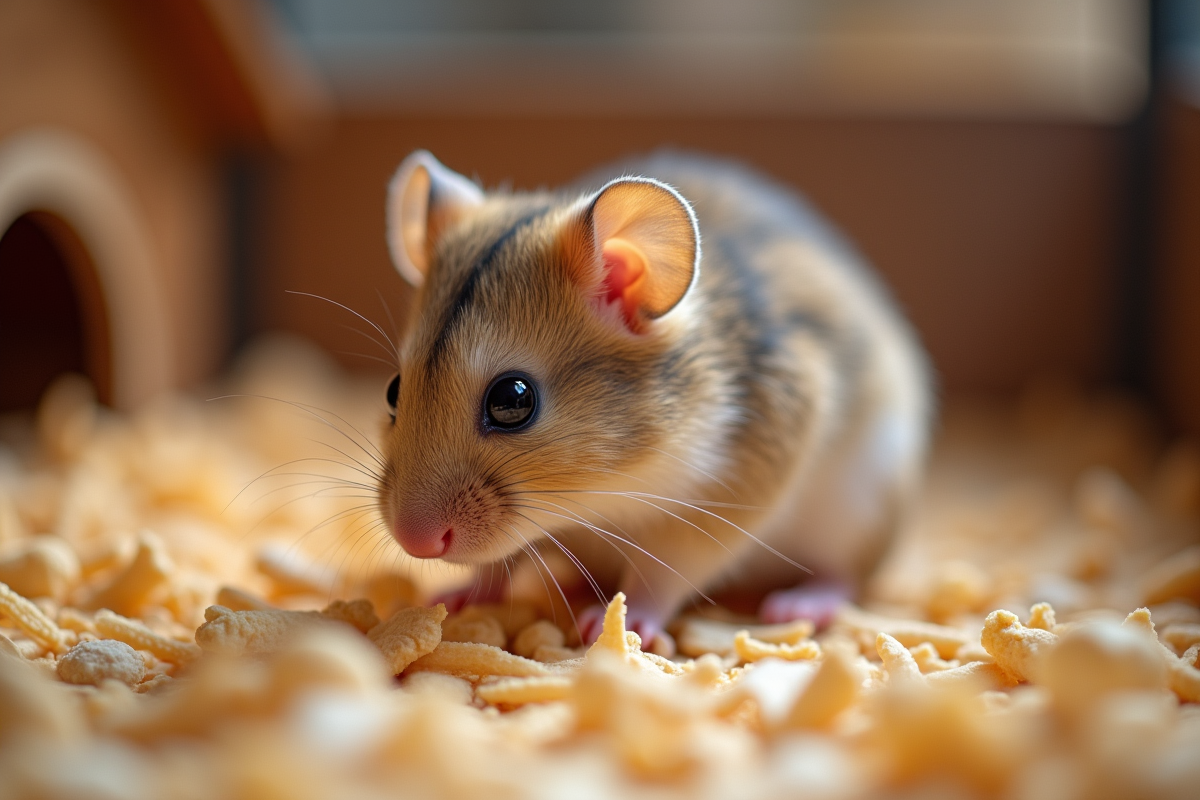Hamster russe adulte explore une cage propre et lumineuse