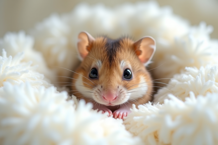 hamsternain-russe-douillet Jeune hamster russe dans la litière blanche naturelle