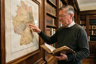 Historien montrant une carte ancienne des Länder allemands dans une bibliothèque universitaire