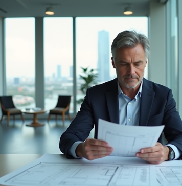 Forme d’immobilier la plus rentable : conseils pour maximiser vos investissements Homme d'affaires confiant examinant des plans et documents immobiliers