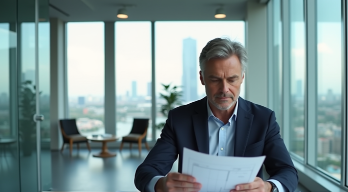 Homme d'affaires confiant examinant des plans et documents immobiliers