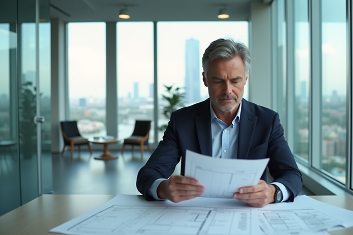 homme-affaires-projets-immobilier Homme d'affaires confiant examinant des plans et documents immobiliers