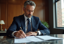 Homme d'affaires confiant en costume navy dans une salle de réunion luxueuse