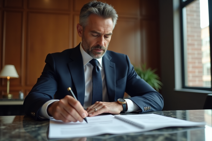 Homme d'affaires confiant en costume navy dans une salle de réunion luxueuse