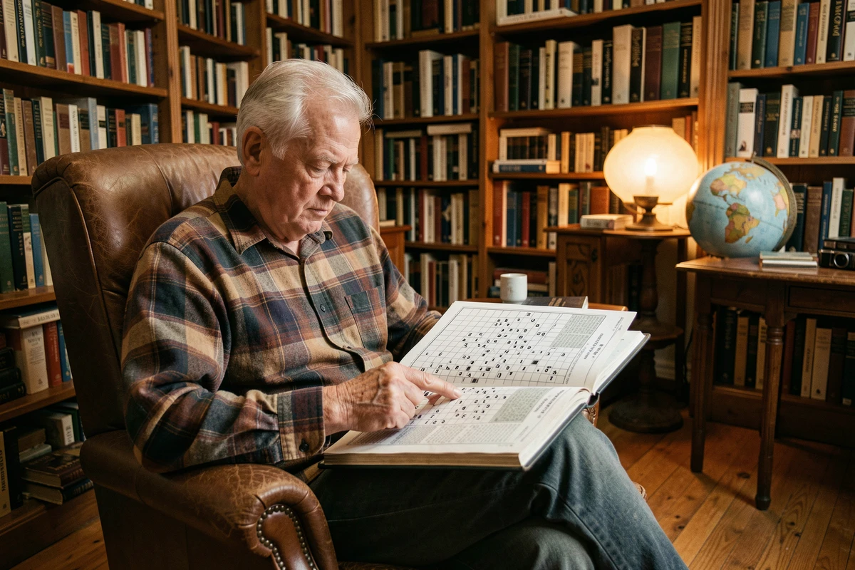 Homme âgé résolvant des mots fléchés dans un bureau entouré de livres
