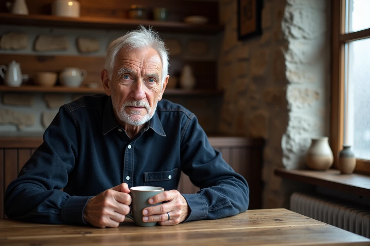 Portrait d'un homme âgé aux yeux bleus perçants dans un café scandinave rustique, style documentaire authentique