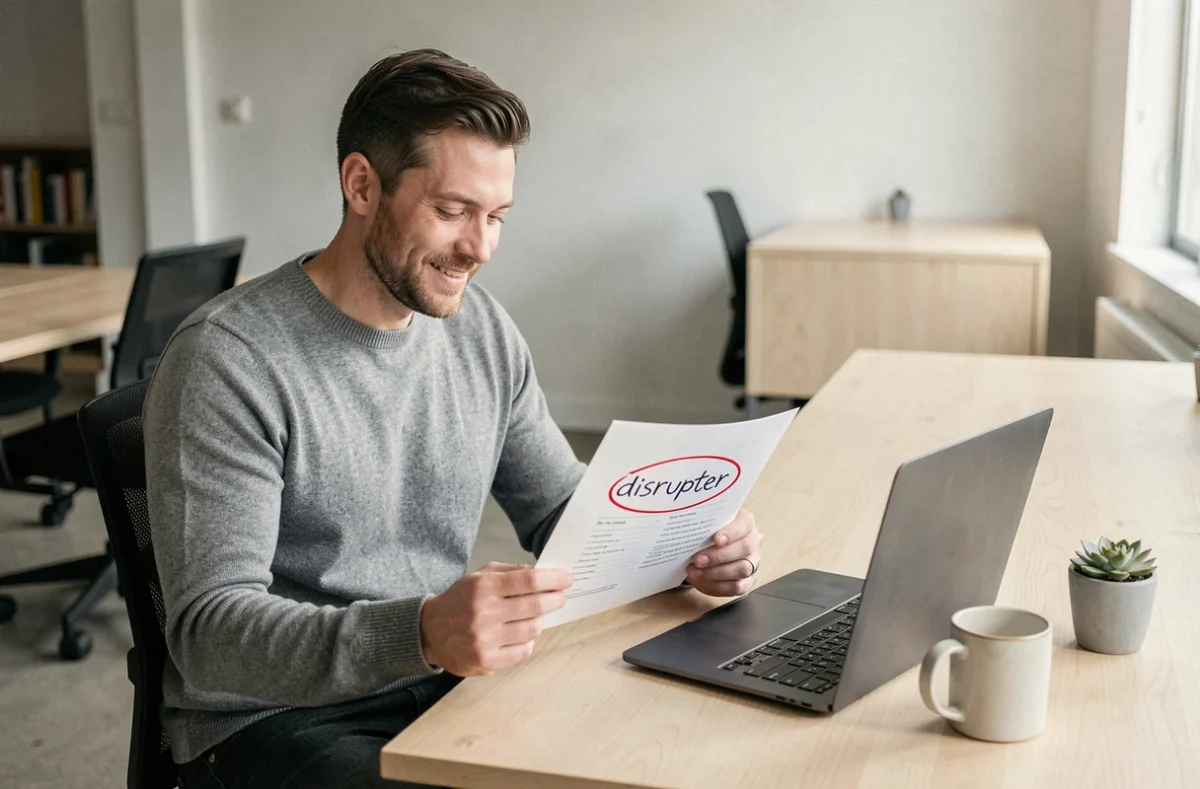 Un homme analyse un rapport marketing avec le terme disrupter annoté sur une feuille dans un espace de coworking