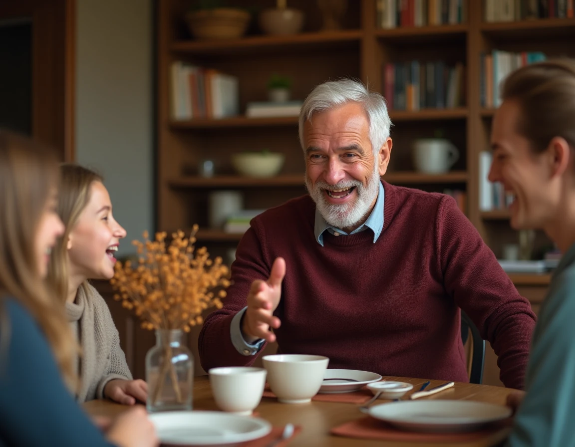 Grand-père animé racontant une blague à sa famille réunie autour d'une table lors d'un repas convivial