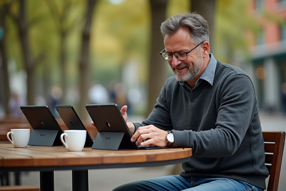 Homme testant plusieurs tablettes Windows en extérieur