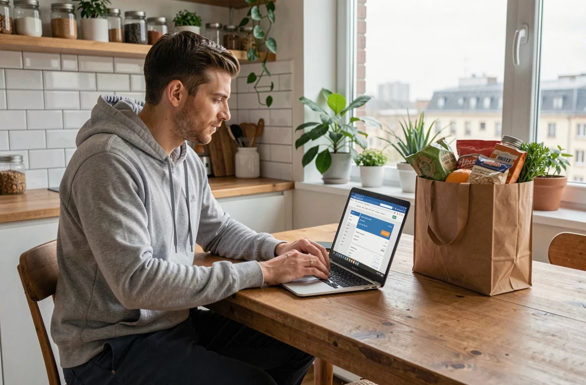 Homme saisissant un code promo sur un site de drive en ligne depuis sa cuisine avec des courses posées à côté