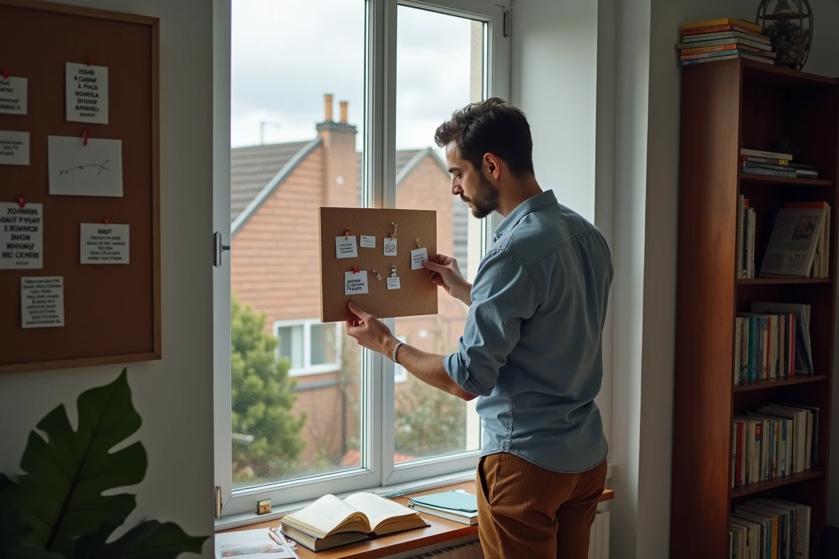 Homme accrochant une citation inspirante au mur intérieur