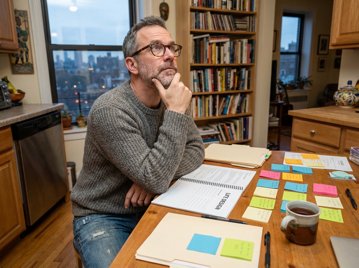 Homme réfléchissant à la maison avec dossiers et tasse de thé