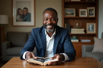 Homme noir souriant avec album photo famille dans un salon chaleureux