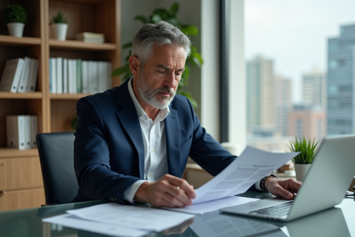 Homme d'âge moyen en costume bleu dans un bureau lumineux
