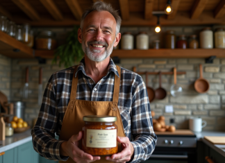 Rencontre avec un producteur de foie gras artisanal : le secret d’un produit d’exception Homme français avec jarre de foie gras dans une cuisine rustique
