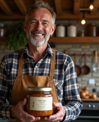 Homme français avec jarre de foie gras dans une cuisine rustique