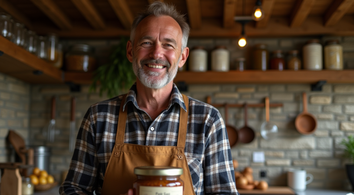 Homme français avec jarre de foie gras dans une cuisine rustique