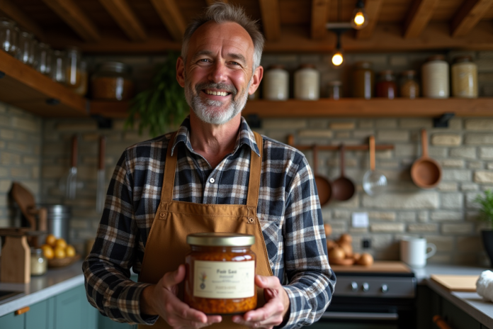 homme-foie-gras-ferme Homme français avec jarre de foie gras dans une cuisine rustique