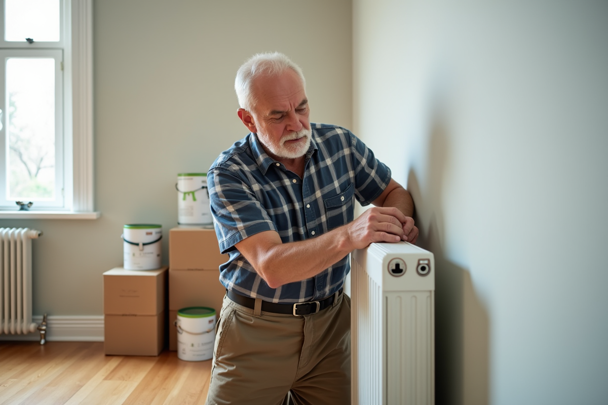 Homme posant un radiateur dans une pièce rénovée