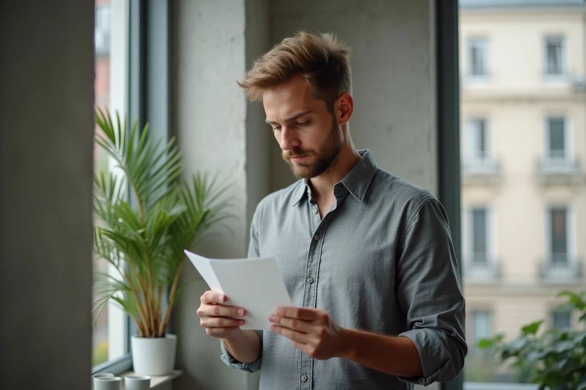 Homme lisant un petit mot de Saint-Valentin près d'une fenêtre dans un appartement moderne