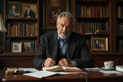 Homme d'&acirc;ge moyen lisant dans un bureau parisien chaleureux