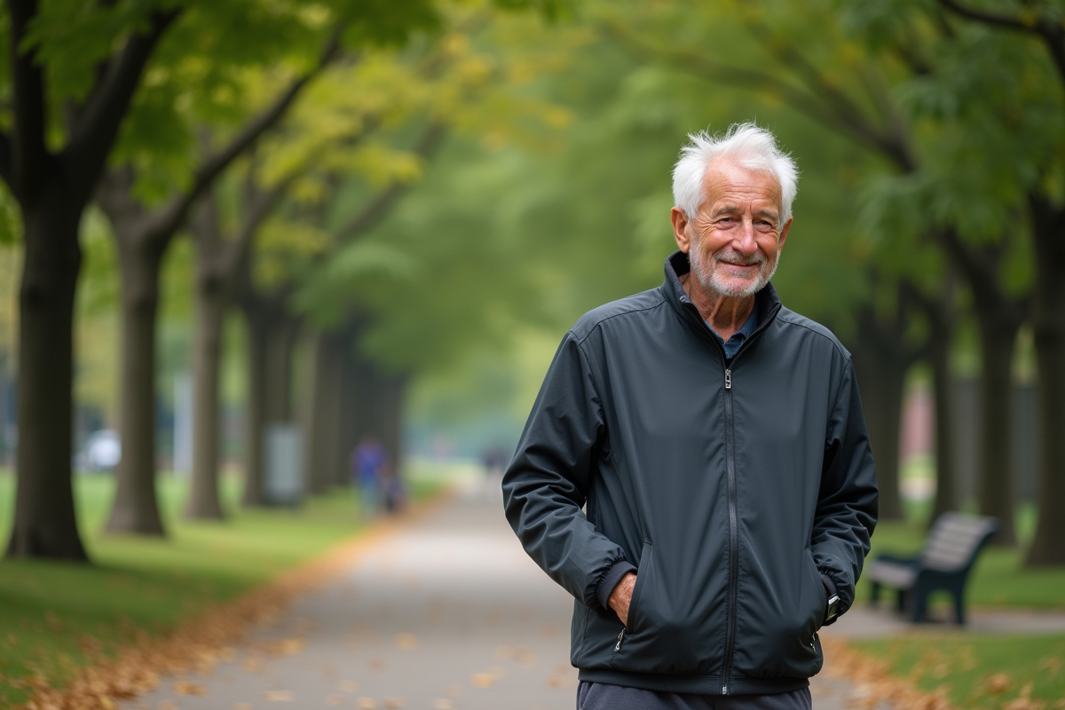 Homme marche dans un parc en respirant profondément