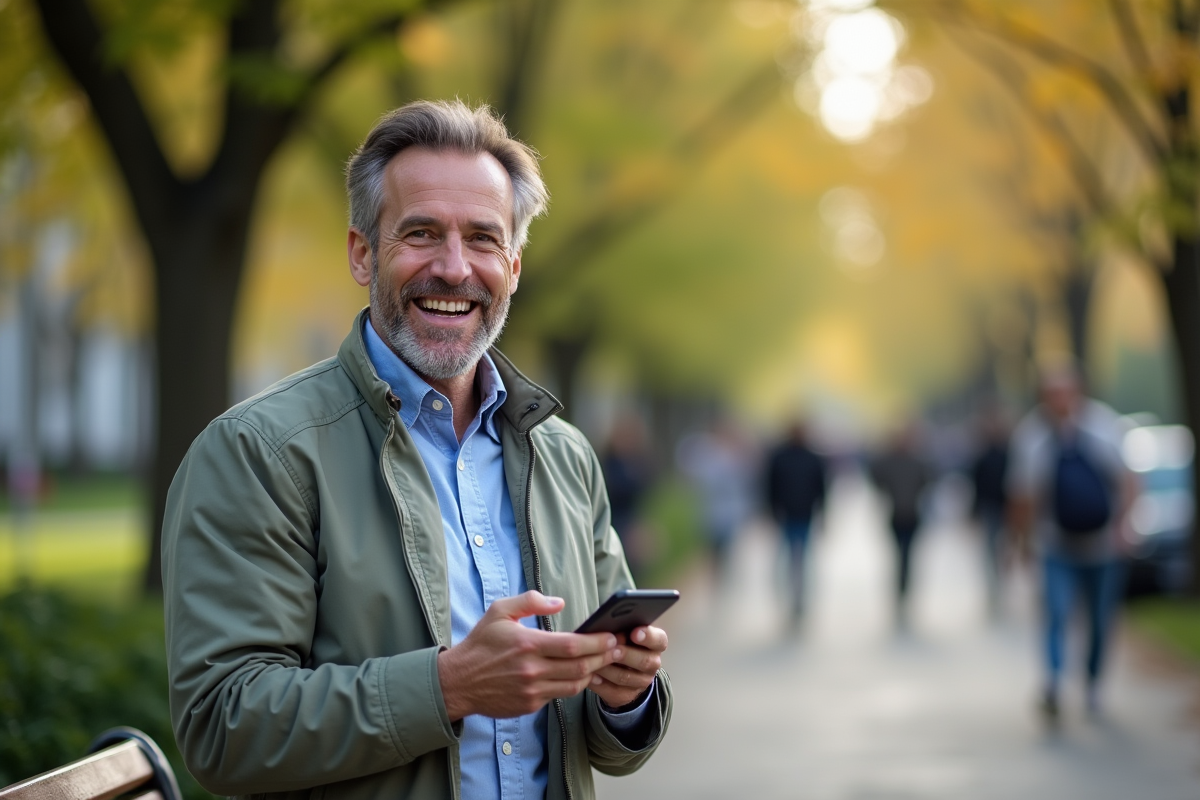 Homme souriant parle au téléphone dans un parc urbain