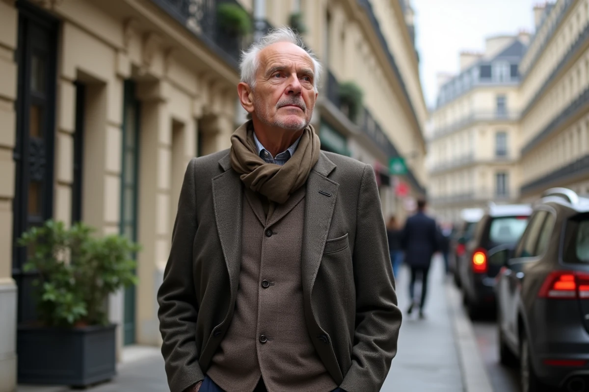 Homme en blazer dans une rue parisienne &eacute;l&eacute;gante